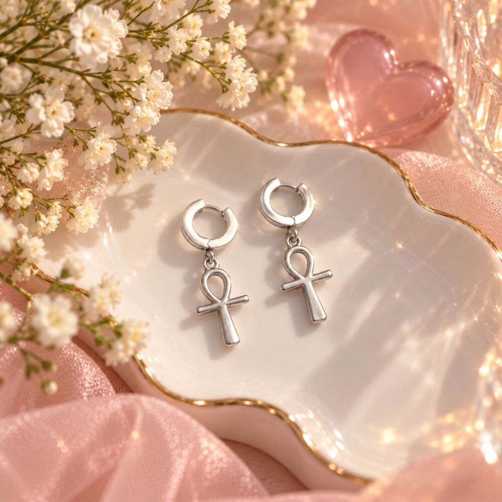 Silver Ankh Huggie Hoop Earrings Egyptian Cross Dangle Charm Goth Boho Jewelry